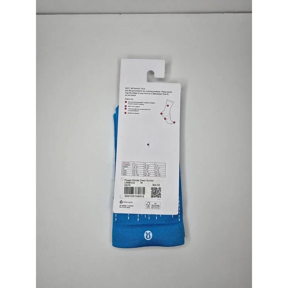 NWT Lululemon Power Stride Crew Socks Kayak Blue Size M Shoe Size 6.5 to 8.5